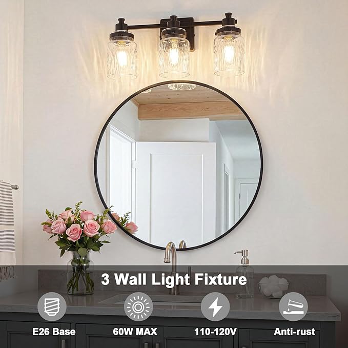 3 Lights Bathroom Light Fixtures Farmhouse Black Vanity Lights for Bathroom Lighting Fixtures Over Mirror with Hammered Glass Lampshade for Cabinet Mirror Bedroom Hallway