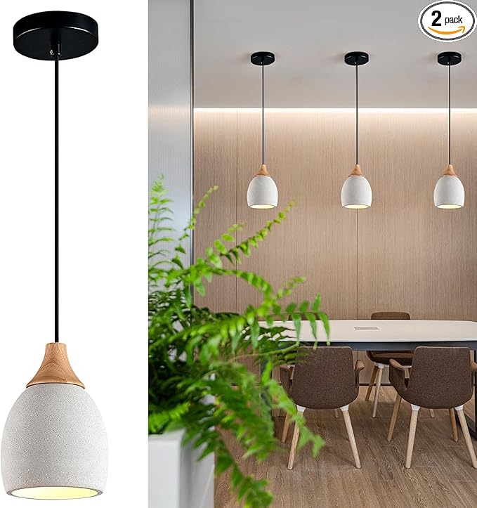 Concrete Pendant Light with Wooden, E26 Hanging Light for Restaurant Bar, Modern Industrial Hanging Cement Pendant Lighting Fixture for Kitchen Island Dinning Room Bedroom(2-Pack)