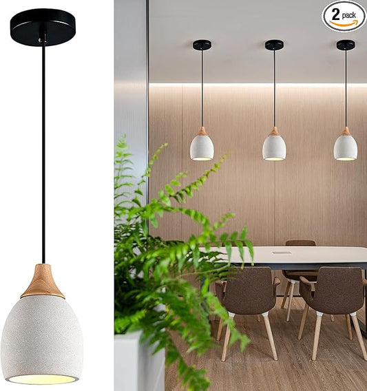 Concrete Pendant Light with Wooden, E26 Hanging Light for Restaurant Bar, Modern Industrial Hanging Cement Pendant Lighting Fixture for Kitchen Island Dinning Room Bedroom(2-Pack)