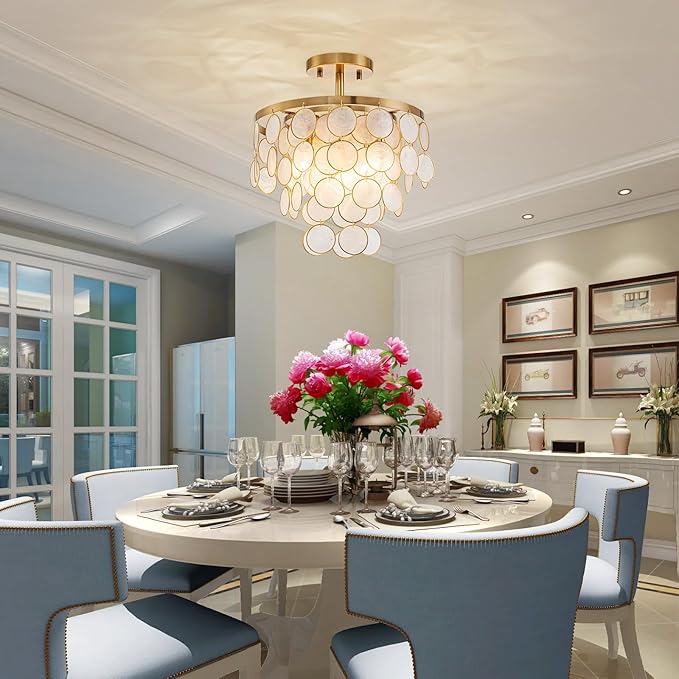 D11 inch Capiz Shell Ceiling Light, 3-Light Coastal Design Semi-Flushmount Light Fixture for Dining Room, Hallway, Bedroom, D11xH13 in, True Capiz Shell & Gold Finish Frame