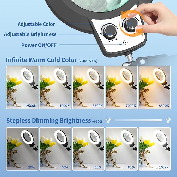 HITTI 12X Ultra Long Magnifying Glass with Light and Clamp, Infinite Color Brightness Workbench Light, Hands Free LED Magnifier Light Stand for Crafts Reading Painting Soldering (12X 27.5In Clamp)
