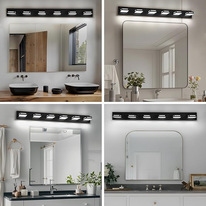 LED Modern Bathroom Light Fixtures, 6-Light 48-Inch Matte Black Vanity Lights for Bathroom Lighting Fixtures Over Mirror, 6000K Cool White 350° Rotatable Wall Lamp