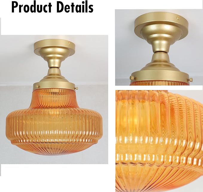 CLAXY Gold Ceiling Light Amber Glass Shade-Vintage Schoolhouse Light Fixture Semi-Flush Mount Dimmable for for Living Room/Bedroom/Dining Room/Kitchen
