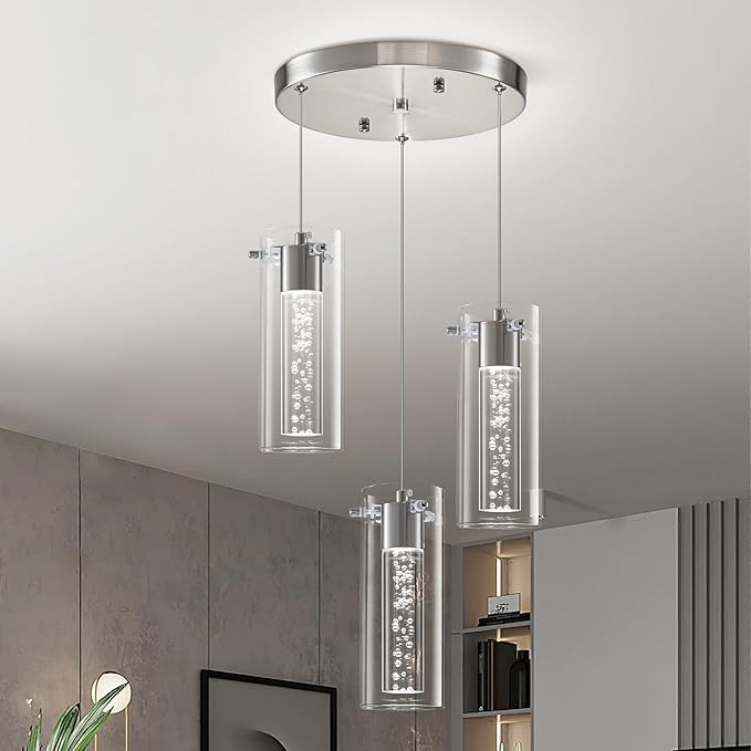 Pendant Lights Kitchen Island, 3-Light Brushed Nickel Pendant Light Fixtures, Cluster Kitchen Island Lights, LED 6000K Pendant Lighting, Modern Hanging Light Fixture for Dining Room Living Room