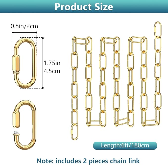 garini 6 Feet Gold Light Fixture Chain 6 Feet, Adjustable Metal Pendant Chandelier Chain Extension with Detachable Link, Maximum Load is 66 Pounds, 1 Pcs