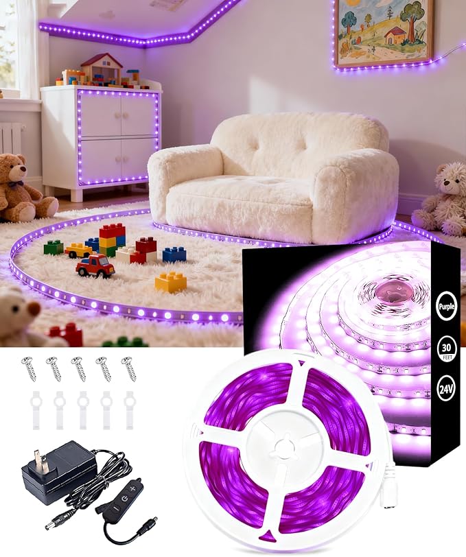 Purple Led Lights Strip Indoor Rope Lights Easy DIY Cuttable Strip Lights for Room Bathroom Living Room Kitchen Ceiling Wall Vanity Mirror Decor
