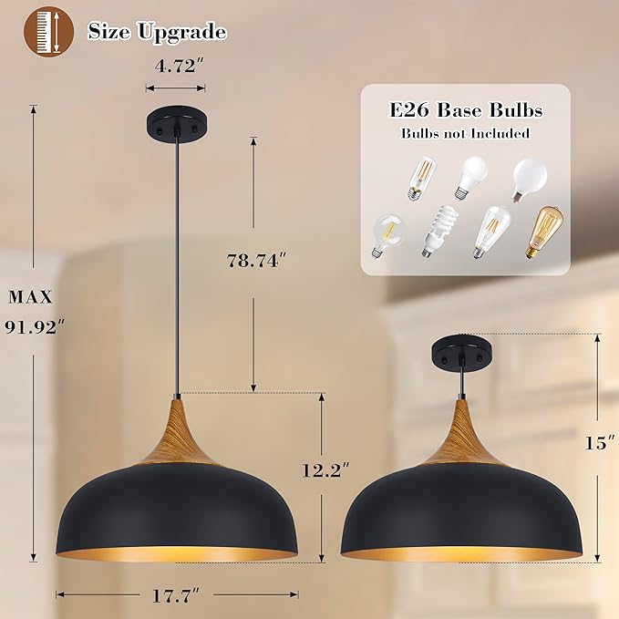 Black Farmhouse Dome Pendant Light 17.7" Large Vintage Pendant Light Fixture Hanging Wooden Pendant Lighting for Kitchen Island Dining Room Living Room Foyer Hallway