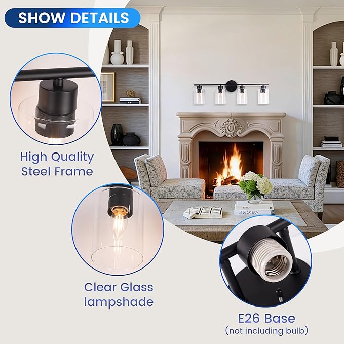 4-Light Bathroom Light Fixtures, Vanity Light with Clear Glass Shades, Matte Black Bathroom Light Fixtures Over Mirror, Modern Bathroom Wall Lamp for Mirror Living Room Cabinet Bedroom Wall Sconces