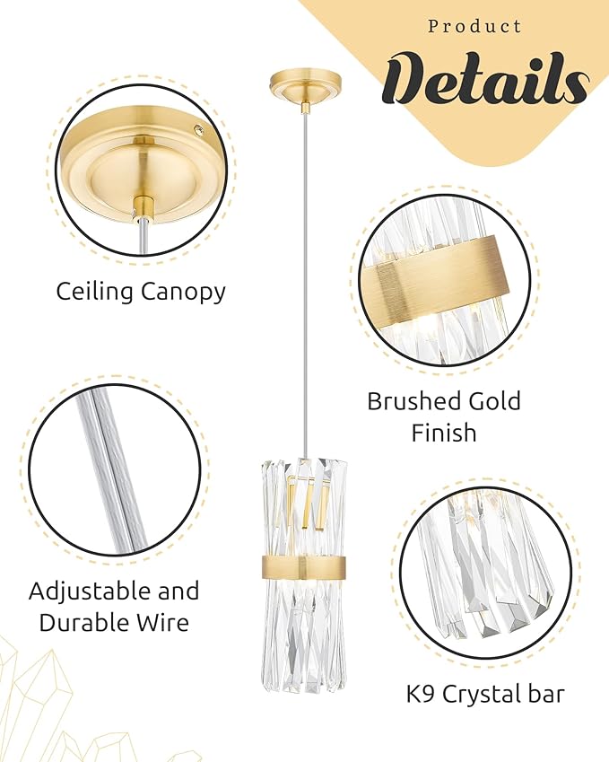 Ken & Ricky Pendant Lights Kitchen Island Gold 3 Pack,Crystal Pendant Lighting Over Island,Modern Pendant Light Fixtures for Dining Room Bedroom Bathroom Livingroom