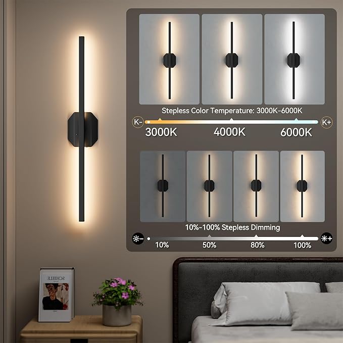 Wall Sconces Set of Two Battery Operated Wall Sconce,Wireless Wall Light USB Rechargeable Wall Light with Remote Control,3000K-6000K Dimmable for Bedroom,Living Room,Hallway,Background Wall Decor 32in
