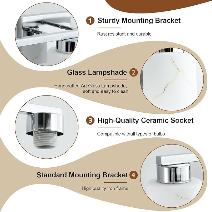 3-Light Bathroom Light Fixtures, Modern Vanity Lights, Chrome Metal Wall Lamp with White Marble Glass for Bathroom, Mirror, Living Room, Bedroom, Cabinet, Porch, Hallway, E26 Base