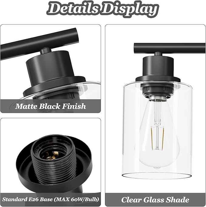 3-Light Black Vanity Lights, E26 Modern Bathroom Light Fixtures with Clear Glass Shade, Wall Lamps for Mirror Kitchen Hallway Cabinet Living Room Sconces Lights