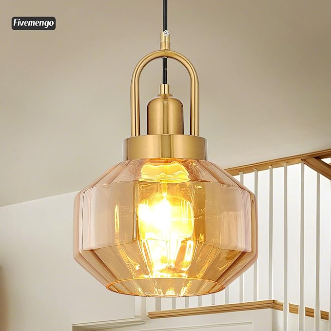 9in Mid Century Modern Amber Glass Pendant Light Fixture, Small Gold Kitchen Island Pendants Light Glass Ceiling Hanging Lamp for Foyer Dining Room Bedroom Entryway Hallway Over Sink