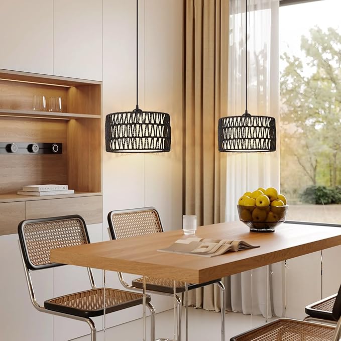 Plug in Pendant Light, Rattan Hanging Lights with Plug in Cord, Woven & Fabric 2 in 1 LampShade, Hanging Lamp Plug in for Bedroom Living Room Kitchen Island-Black (Bulb Included)
