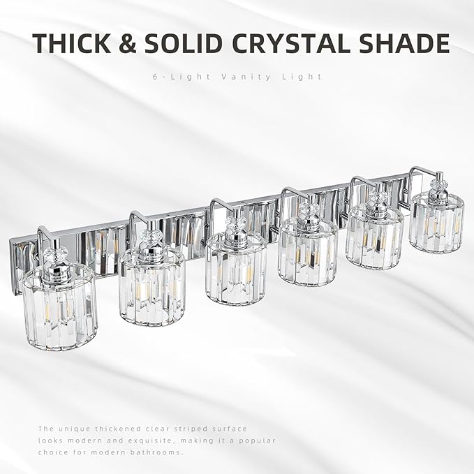 6-Light Modern Bathroom Light Fixture Chrome Bathroom Vanity Lights Over Mirror Wall Sconce Lighting with K9 Crystal Shades E26 Base for Bedroom, Living Room, Hallway Wall Lamp