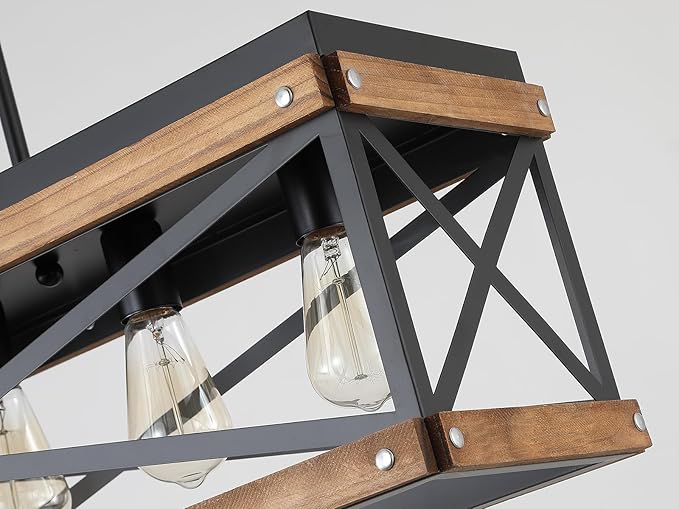 Rustic Farmhouse Plug in Kitchen Island Lighting, 5 Lights Rectangular Pendant Light Fixture with Adjustable Chain, Dimmable Switch, Oak Wood and Metal Linear Chandelier for Dining Room Home, Black