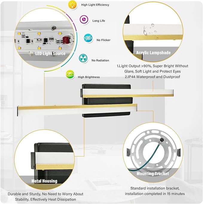 Bathroom Light Fixtures Over Mirror: 24 Inch Retractable Modern LED Bathroom Vanity Light ETL Certified 5CCT Optional 2700K-5700K 25W Vanity Light Bar Dimmable - Wall Light Fixtures, Golden 1 Pack