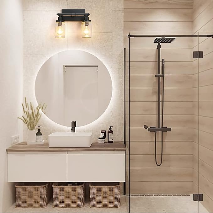 2 Light Bathroom Vanity Light Black Bathroom Light Fixture, Industrial Farmhouse Wall Sconce with Glass Shades, Mason Jar Vanity Light Fixture, Pipe Wall Lamp for Mirror Bedroom Hallway Living Room