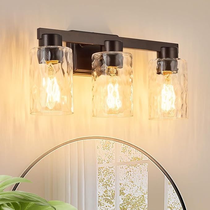 3-Light Bathroom Light Fixtures Modern Oil Rubbed Bronze Vanity Lights with Water Ripple Glass Wall Sconces Over Mirror for Bathroom, Powder Room, Living Room