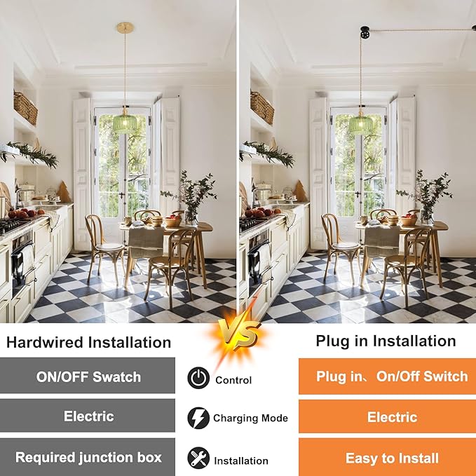 Shenmoyl Plug in Pendant Light Hanging Light Fixture Corded On/Off Switch Brass Pendant Light with Green Striped Glass Lampshade for Bedroom Living Room Kitchen Island