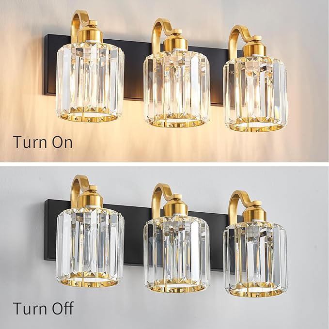 Modern Crystal Bathroom Vanity Lights, Black and Gold 3-Lights Bathroom Light Fixtures Over Mirror, Crystal Wall Lighting for Mirror Bedroom Living Room (Exclude Bulb)