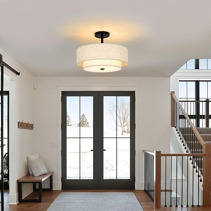 15.7 inch Modern Ceiling Light, Double Fabric Ceiling Lamp, 3 Light Black Semi-Flush Mount Ceiling Lights, Round Ceiling Light Fixture for Bedroom, Kitchen, Dining Room, Hallway，Living Room