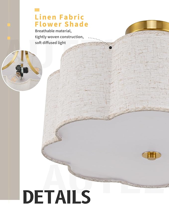 AUTELO 3-Light Bedroom Ceiling Light, 17.7 Inch Brushed Gold Semi Flush Mount Ceiling Light with Flower-Shaped White Fabric, Farmhouse Ceiling Light for Bedroom Hallway, C2507 BGL-8