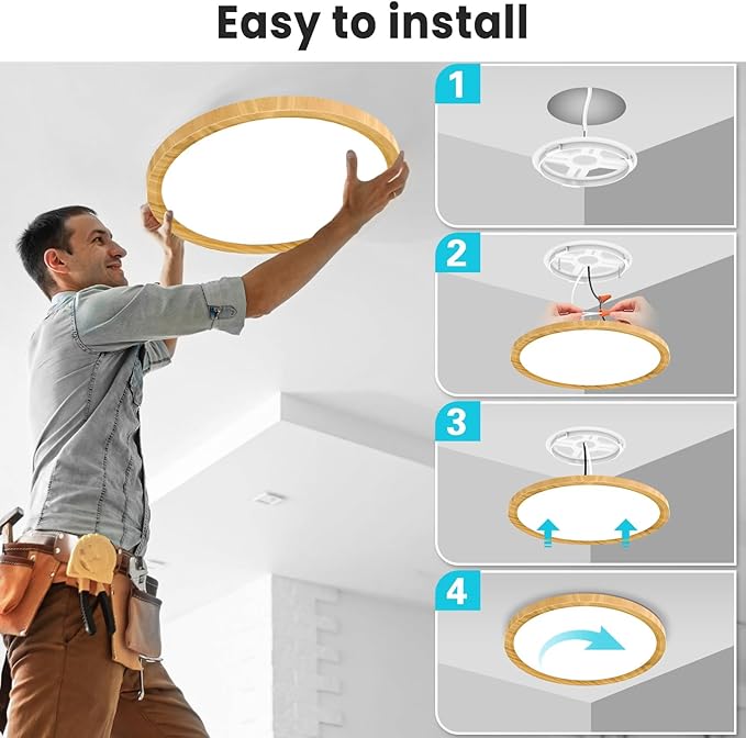libtit 2 Pack 12Inch Wooden LED Flush Mount Ceiling Light, 28W 3200lm Adjustable 3000K-6500K Color Temp | Round Lamp for Bathroom/Shower/Hallway/Kitchen