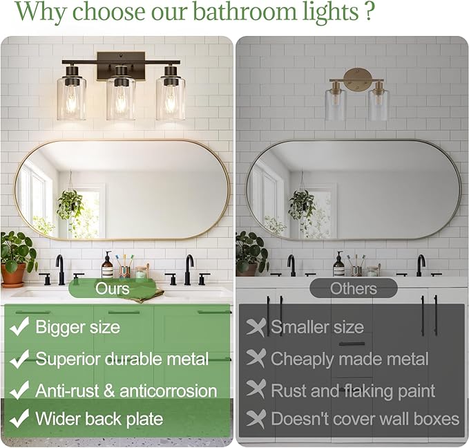 Indoi 3 Light Bathroom Light Fixtures, Oil-Rubbed Bronze Modern Vanity Lights with Clear Glass Shades, Bathroom Wall Lamp for Mirror Living Room Cabinet Bedroom Porch