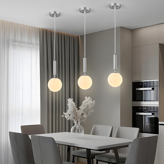 Modern Hanging Light Fixture Pendant Lighting for Kitchen Island Mid Century Chrome Pendant Lights with Globe Milky White Glass Pendant Light for Bedroom Bathroom Entryway (2 Pack)