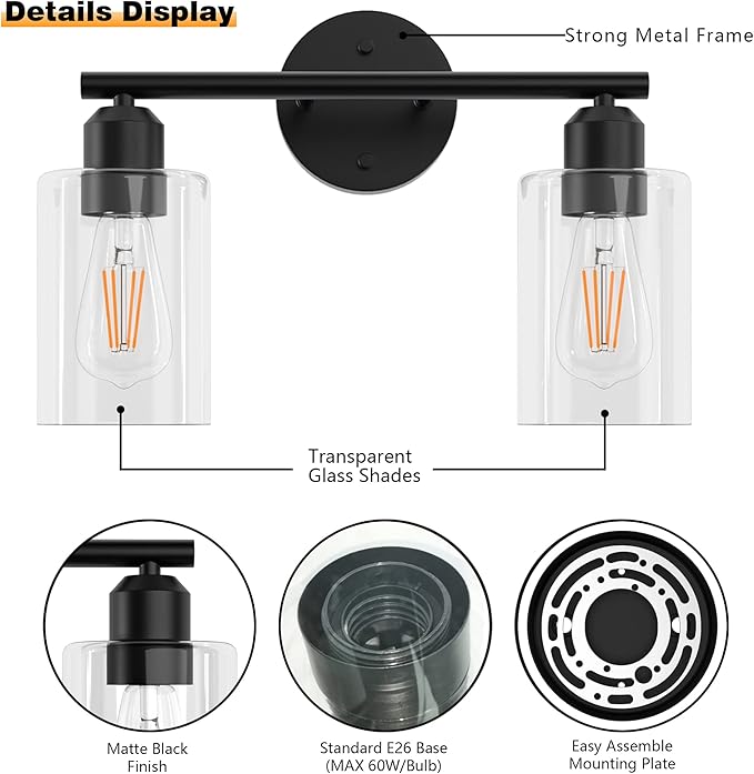 Espird Bathroom Vanity Light Black 2 Light Rustic Bathroom Vanity Lights Over Mirror, UL Listed Modern Industrial Wall Sconces Lamp with Cylinder Glass Shade, Light Fixture for Bathroom E26 Socket