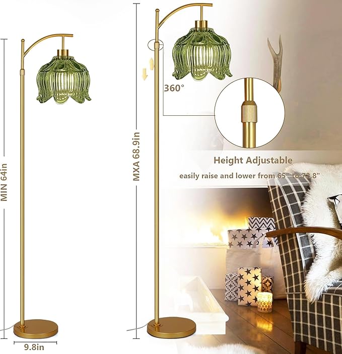 QIYIZM Glass Floor Lamp for Living Room,Bedroom,Gold Dimmable Standing Lamp with Remote,Mid Century Modern Brass Tall Lamp Boho Vintage Floor Lamps Arc Green Tulip Flower Floor Light Lamp Bohemian