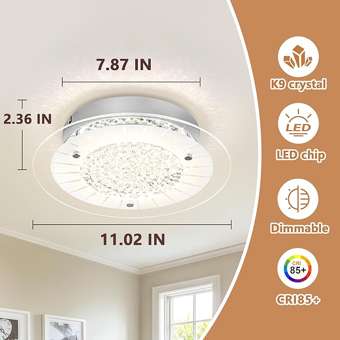 Crystal Ceiling Light Fixture Dimmable Modern Kitchen Light Fixtures LED 11" Flush Mount Ceiling Light Fixture for Bedroom Bathroom Hallway Foyer Entrance Laundry Room Closet