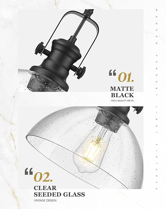 2-Pack Black Pendant Lights Kitchen Island, 10.5" Farmhouse Pendant Lighting with Clear Seeded Glass Shade, Vintage Hanging Light Fixtures for Dining Room, AD-22151-1P2L-BK