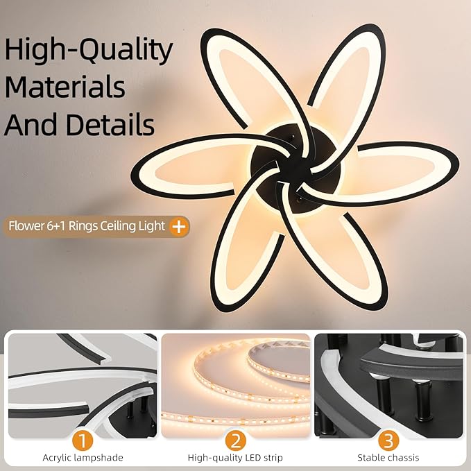 Modern LED Ceiling Light, 6+1 Rings 93W Dimmable Ceiling Light Fixtures 29.5" 3000K-6500K Flush Mount Black Flower Ceiling Lamp with Remote for Living Room,Bedroom,Kitchen