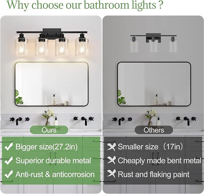 MOKATNG 4-Light Bathroom Light Fixtures, Vanity Light with Clear Glass Shades, Matte Black Bathroom Light Fixtures Over Mirror, Modern Bathroom Wall Lamp for Mirror Living Room Cabinet Bedroom