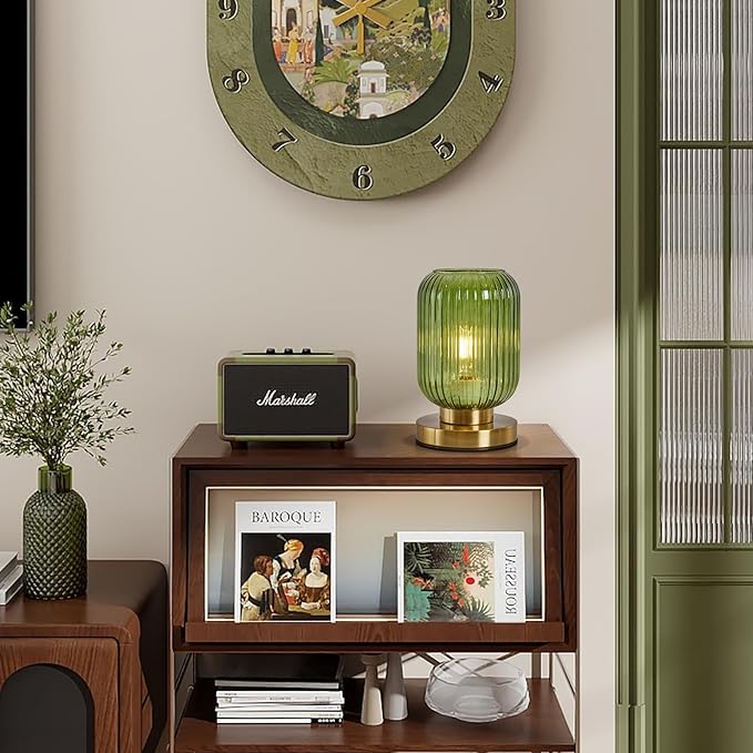 Glass Table Lamps Mid Century Modern Globe, Dimmable Green Table Lamp for Nightstand, Small Gold Table Lamp, Green Pumpkin Design Ribbed Glass Vintage Bedside Lamp for Bedroom Living Room Office