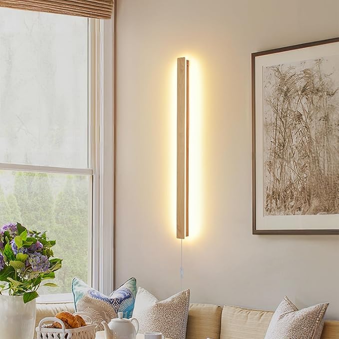 Modern Plug in Long Wall Sconce, 31.4 inch Faux Wood Texture Finish LED Wall Lights, 16W Warm White 3000K Acrylic Indoor Wall lamp, with 59" Plug Cable for Bedroom, Living Room, Hallway