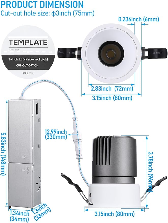 TORCHSTAR 3 Inch 5CCT Anti Glare LED Recessed Lights with J-Box, Deep Recessed Zero Glare Canless Downlight, Ultra-Slim Trim Gimbal Ceiling Light, 2700-5000K, Ultra Narrow Frame, ETL FCC, Pack of 4