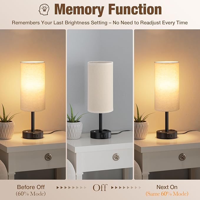 Touch Bedside Table Lamp with Memory - Stepless Dimmable Lamp for Bedroom, Small Nightstand Lamp with Dual USB Charging Ports and AC Outlet, Wood Night Light, Deak Lamp for Nursery (Beige & Black)