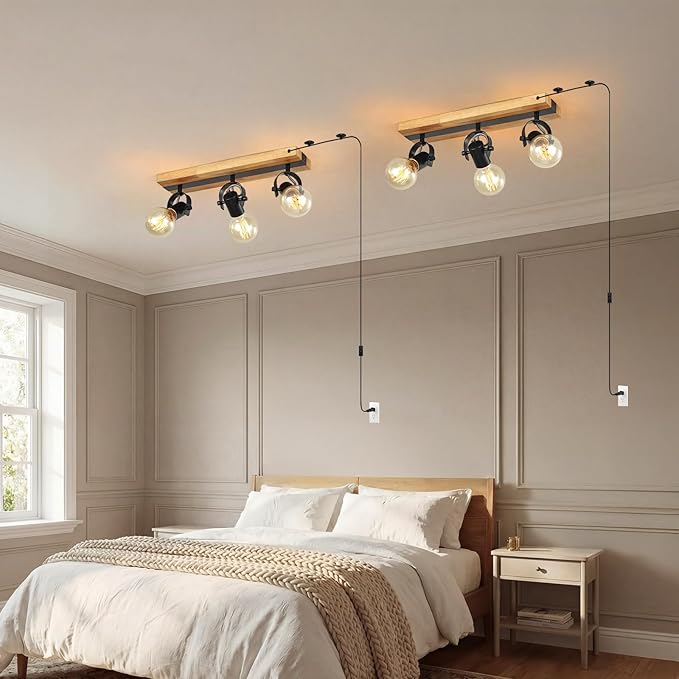 SEEBLEN 3 Light Plug in Track Light,Farmhouse Plug in Ceiling Light with 14.76-Foot Cord,Rotatable Ceiling Spotlight for Kitchen Dining Room Cabinet Hallway Living Room(No Bulb)