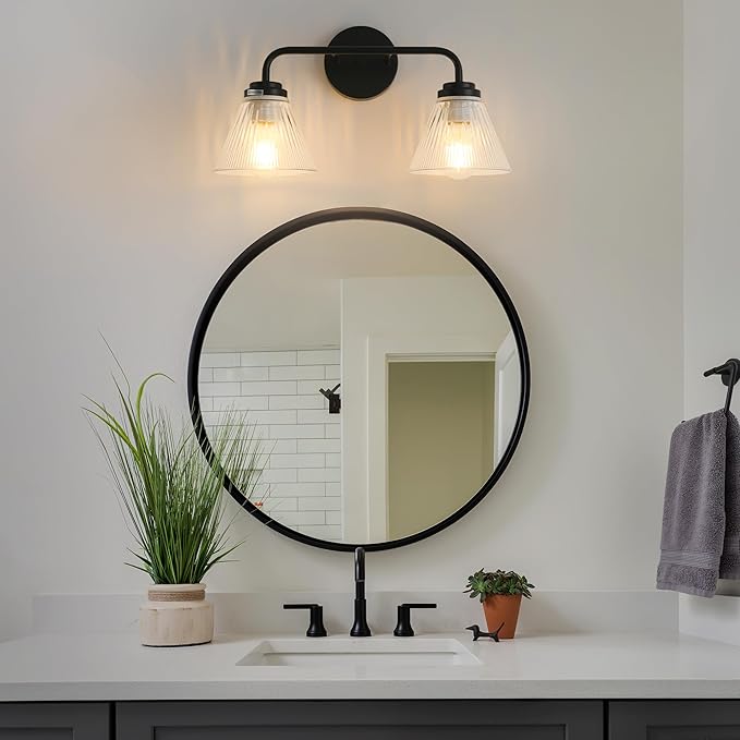 Modern Black Bathroom Vanity Light, 2-Light Wall Sconce with Clear Ribbed Glass Shades, Farmhouse Industrial Light Fixture for Bathroom, Vanity Mirror, Powder Room, Hallway (black, Powder Coated, 2)