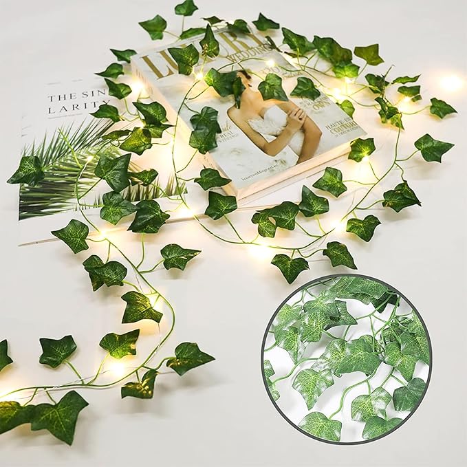 Vine with Fairy Lights, 2 Pack 40LEDs Vine Lights Green Ivy Vines String Lights Battery Operated, Artifical Garland Leaf with Fairy Light for Bedroom Dorm Wall Decor