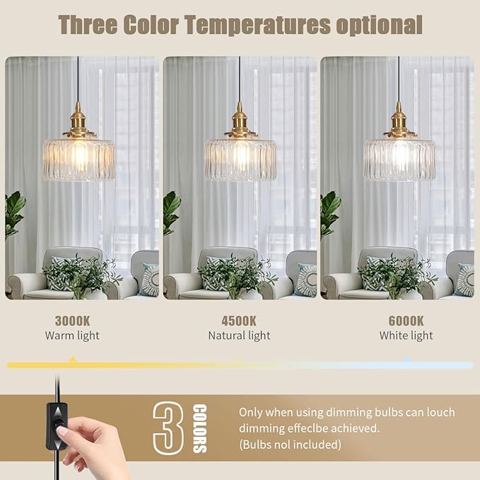 Plug in Pendant Light Clear Glass Striped Pendant Light Fixtures Vintage Glass Hanging Lighting 1-Light with Plug in Cord Mid Century Modern Hanging Lights for Kitchen Island Living Room