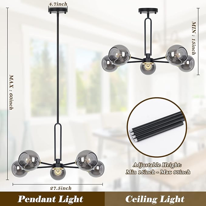 5-Light Globe Chandelier Pendant Lighting - Modern Large Semi-Flush Ceiling Light Fixture with Smoked Glass, Black Dining Room Light Fixture, Sputnik Light Fixture for Kitchen Living Room Bedroom