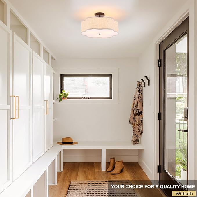 18" Semi Flush Mount Ceiling Light 3-Light Modern Linen Drum Ceiling Lighting with Chrome Finish, Vintage Ceiling Light for Living Room, Kitchen, Basement, Laundry Room, Bedroom