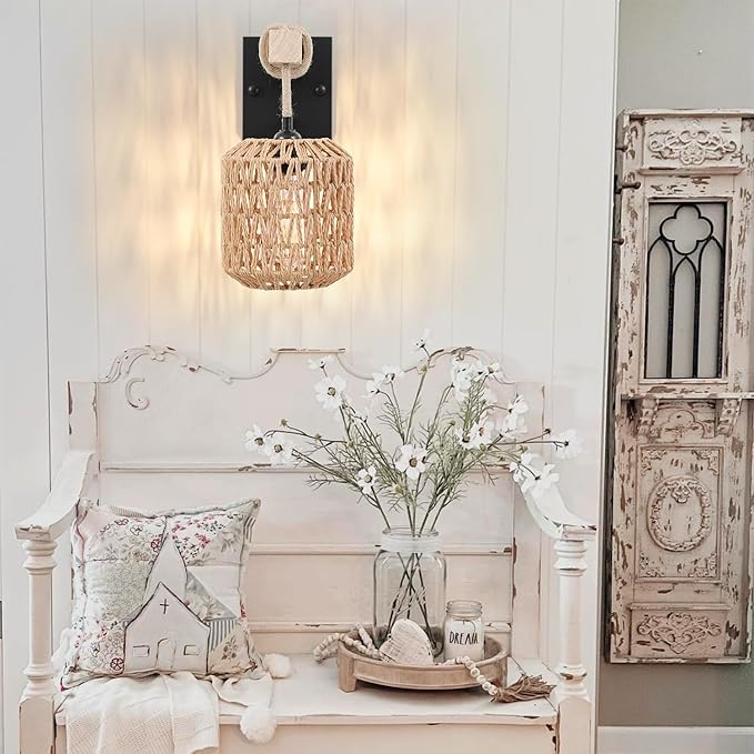 Rattan Boho Wall Sconces Set of Two, Hardwired Hand-Woven Farmhouse Wall Lamps with Wooden Arm & On/Off Dimmable Switch,Large Rustic Indoor Wall Mount Light Fixtures for Bedroom Nursery Bathroom