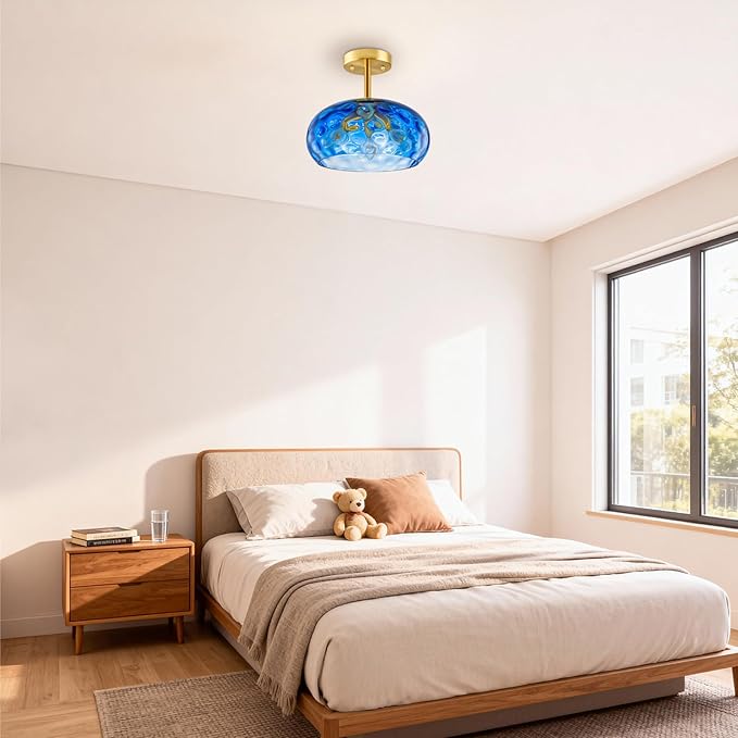 Blue Semi Flush Mount Ceiling Light, 12''& 3-Light Vintage Ceiling Light Fixture, Brass Indoor Hammered Glass Shade for Entryway, Bedroom, Kitchen, Living Room, Hallway, Farmhouse Bulbs Not Included
