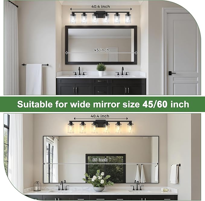 DORESshop Bathroom Light Fixtures, 6-Light Matte Black Bathroom Lighting Fixtures Over Mirror with Clear Glass Shade, Vanity Lights for Hallway Living Room Bedroom