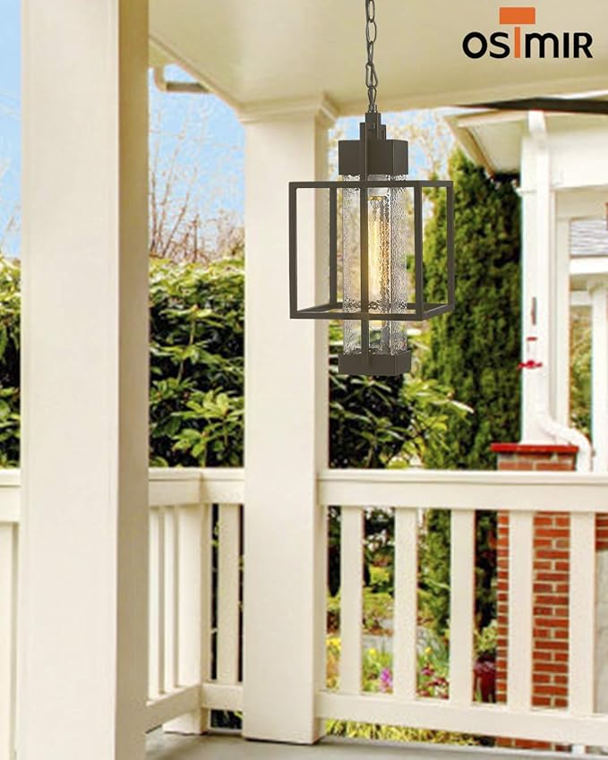 Outdoor Pendant Light, 16" 1-Light Large Hanging Porch Light Fixtures, Modern Black Outside Chandelier Lantern Lighting with Bubble Glass for Porch Gazebo Entryway, 2375/1HL